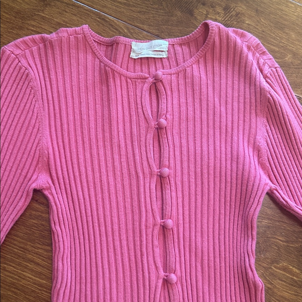 Pink Ribbed Button-Up Cardigan - Picture 2 of 4